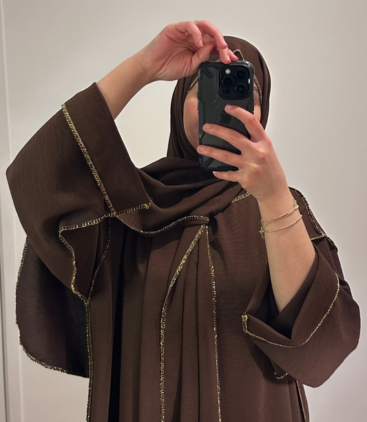 ABAYA VOILE INTÉGRÉ MARRON À BORDURE DORÉ