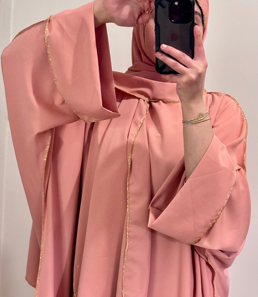 ABAYA VOILE INTÉGRÉ ROSE À BORDURE DORÉ